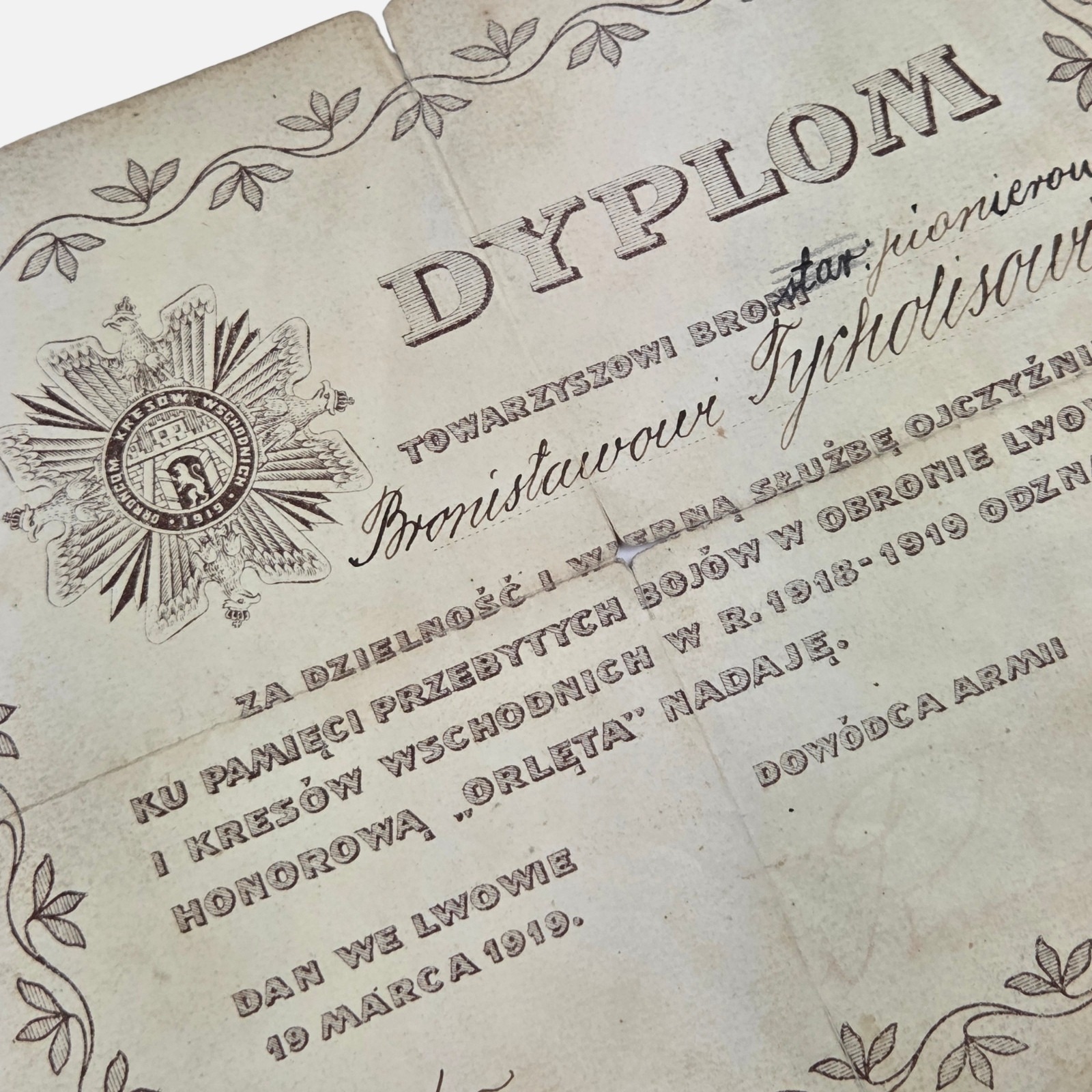 Dyplom Odznaki Obrońcom Kresów 1919 - „Orlęta”